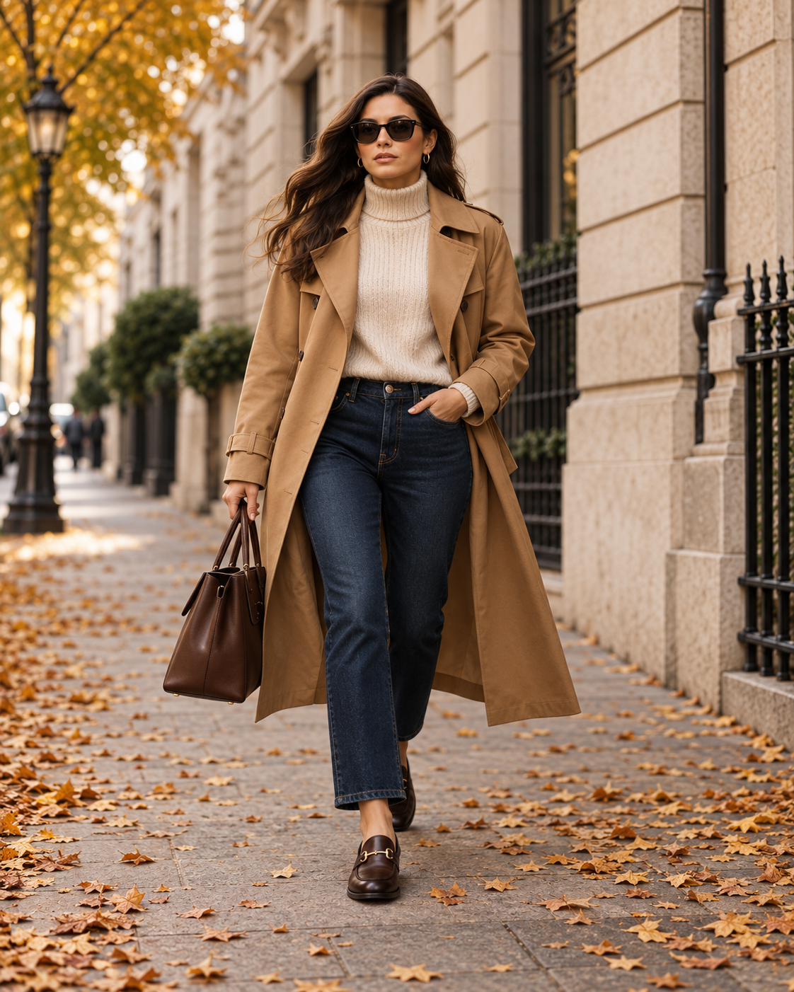Look d'automne pour femme avec trench pull jean et mocassins