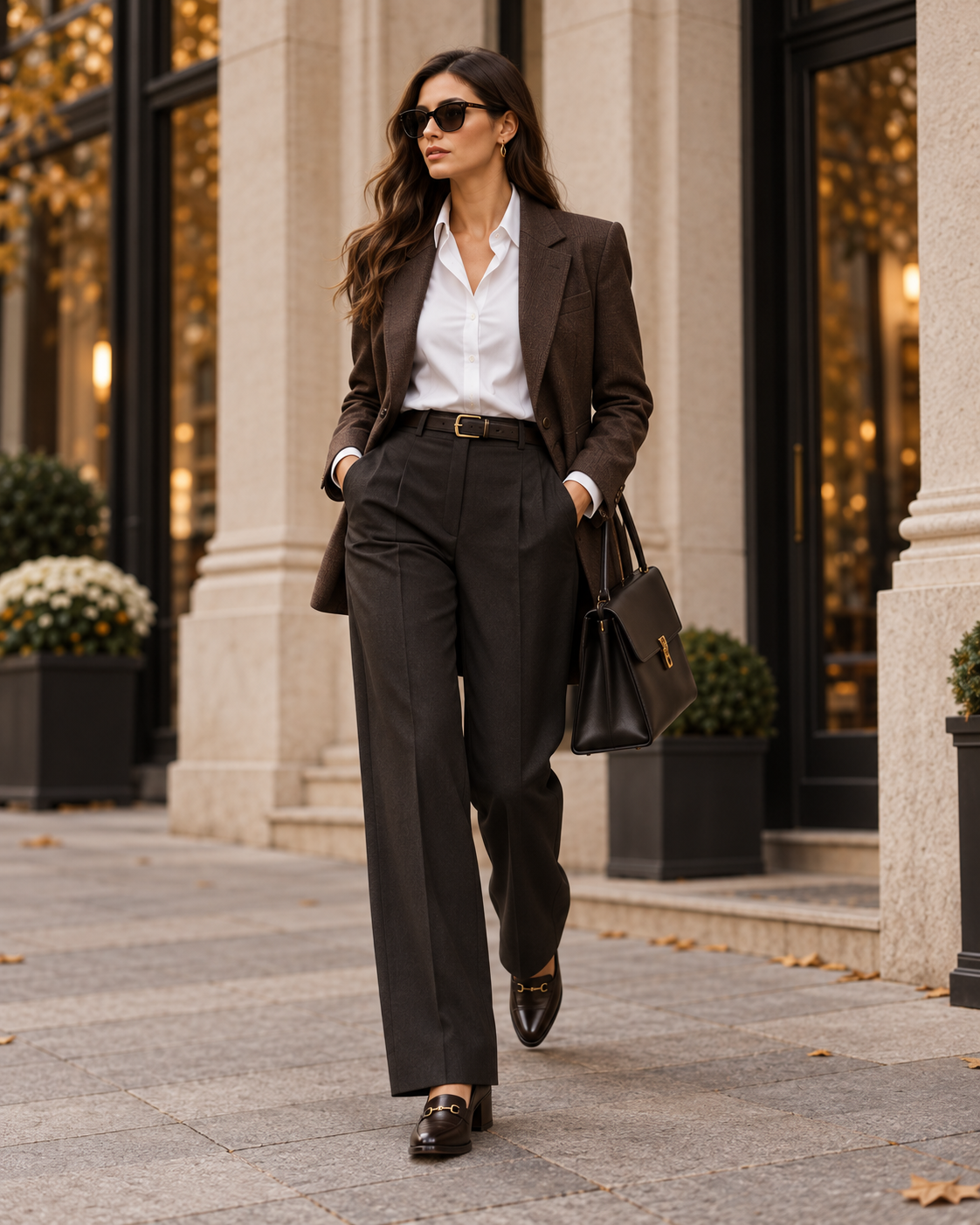 Look élégant d'automne avec blazer marron chemise blanche et pantalon
