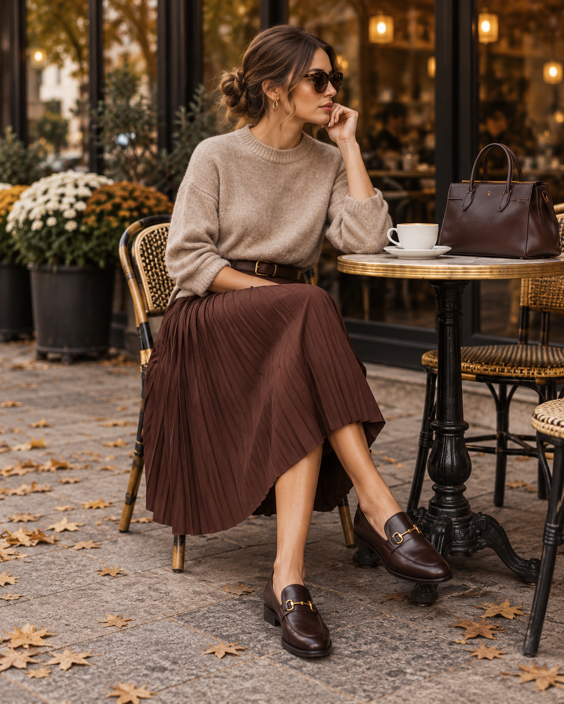 Tenue d'automne avec pull jupe midi marron et mocassins