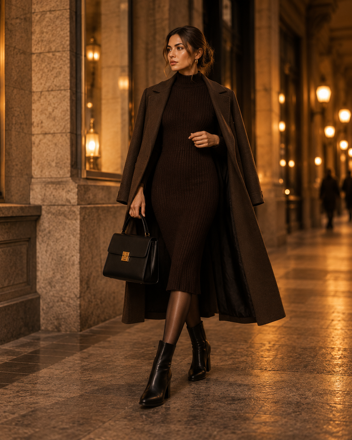 Look élégant d'automne avec robe en maille manteau long et bottines