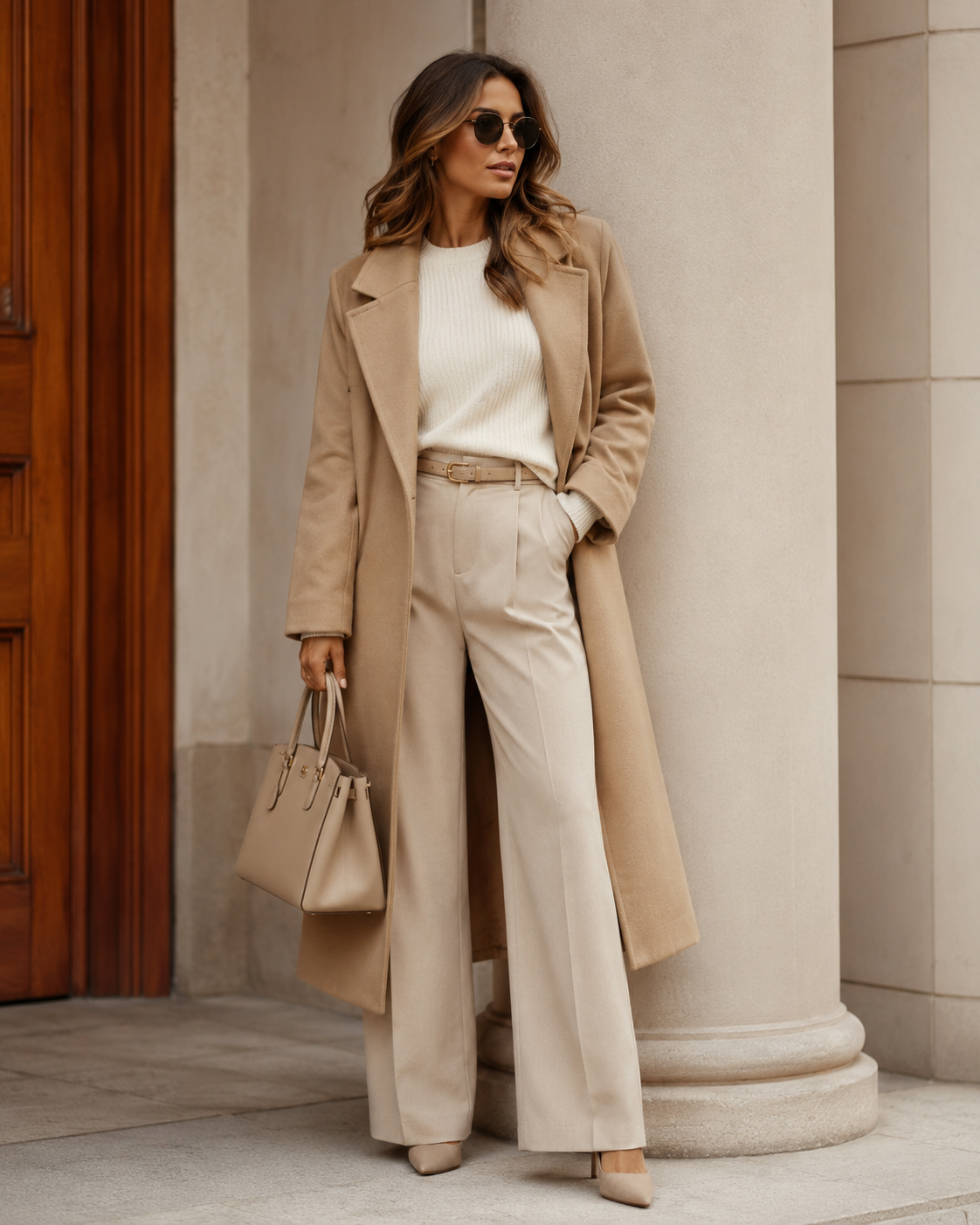 Look femme monochrome en beige, crème et camel