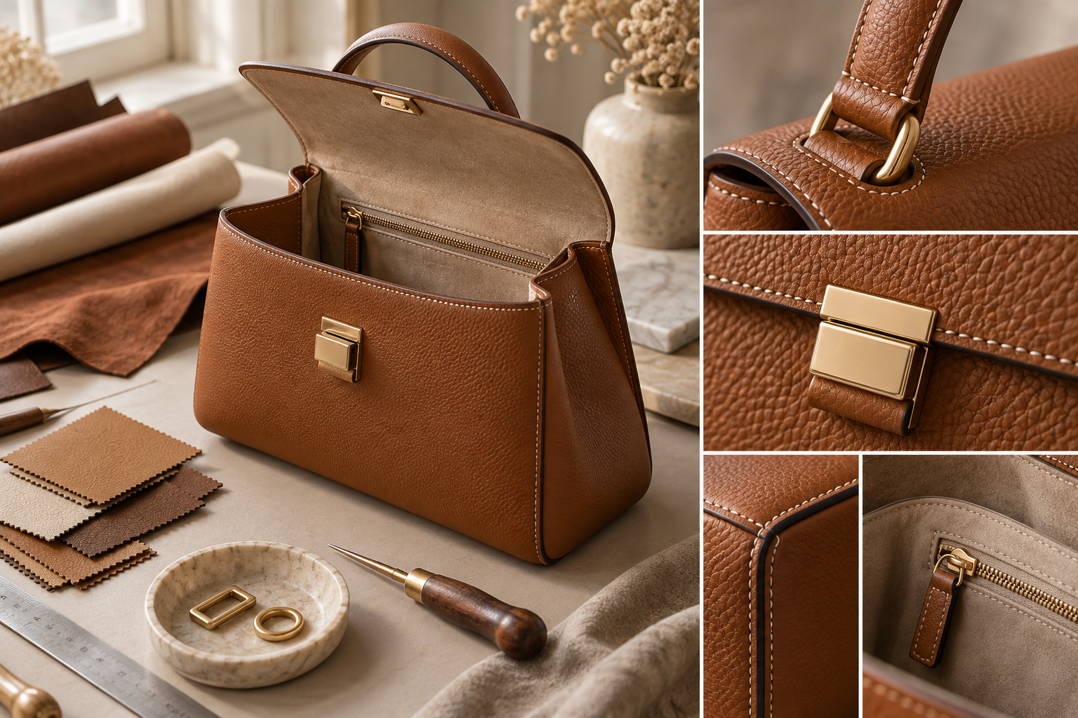 Matières, coutures et détails métalliques d'un sac de créateur
