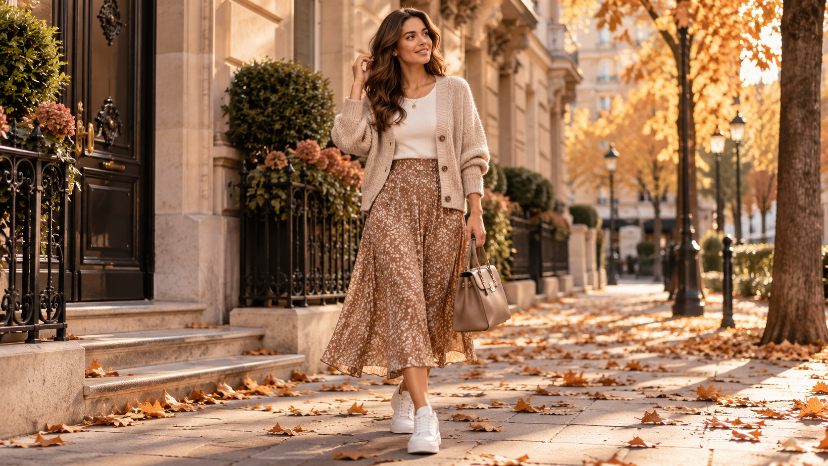 Jupe midi avec baskets et cardigan pour un look d’automne
