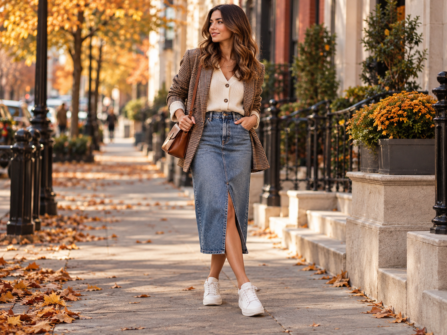 Jupe en denim avec baskets pour un look urbain d’automne