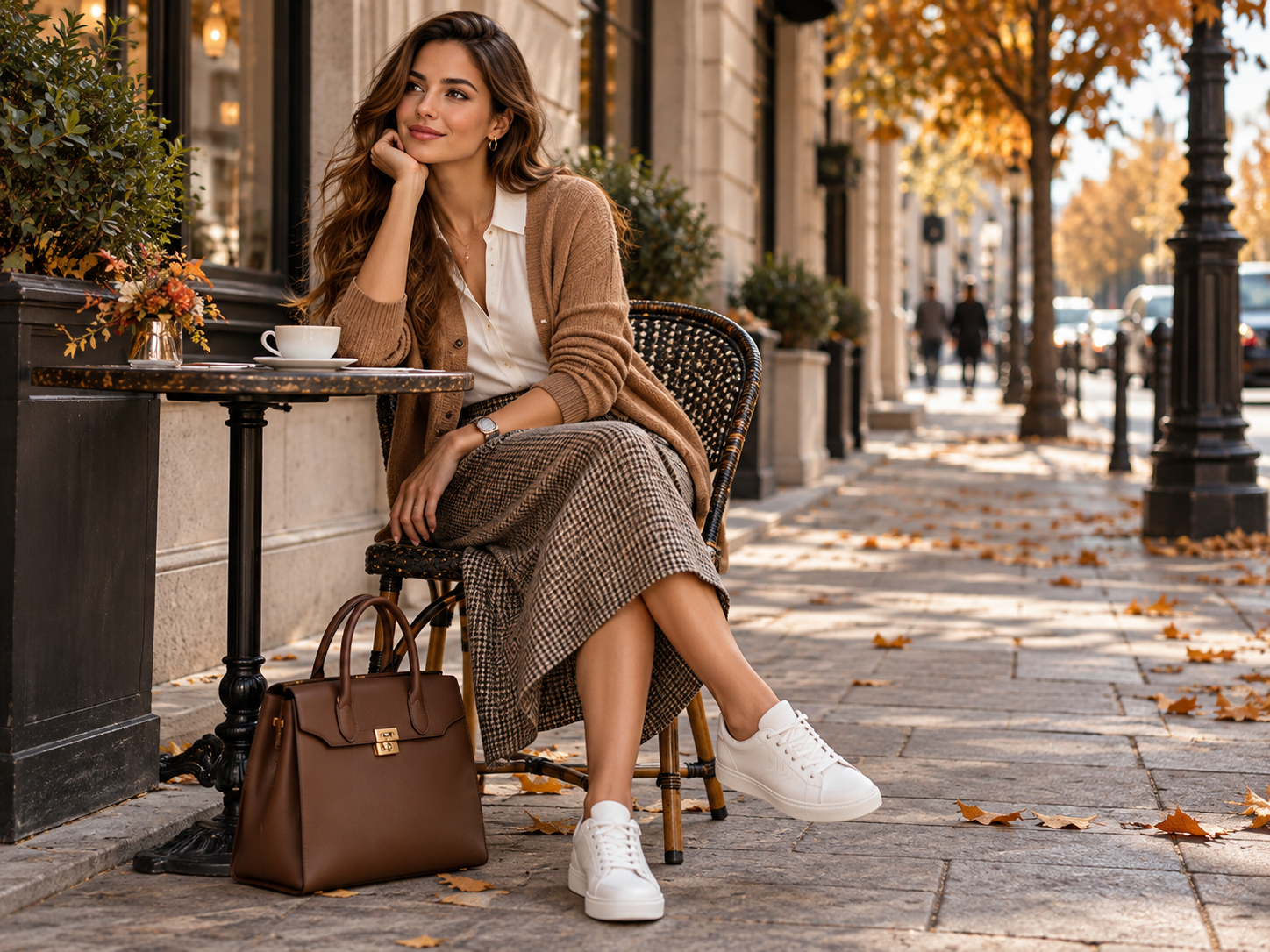 Jupe élégante avec cardigan et baskets pour le bureau