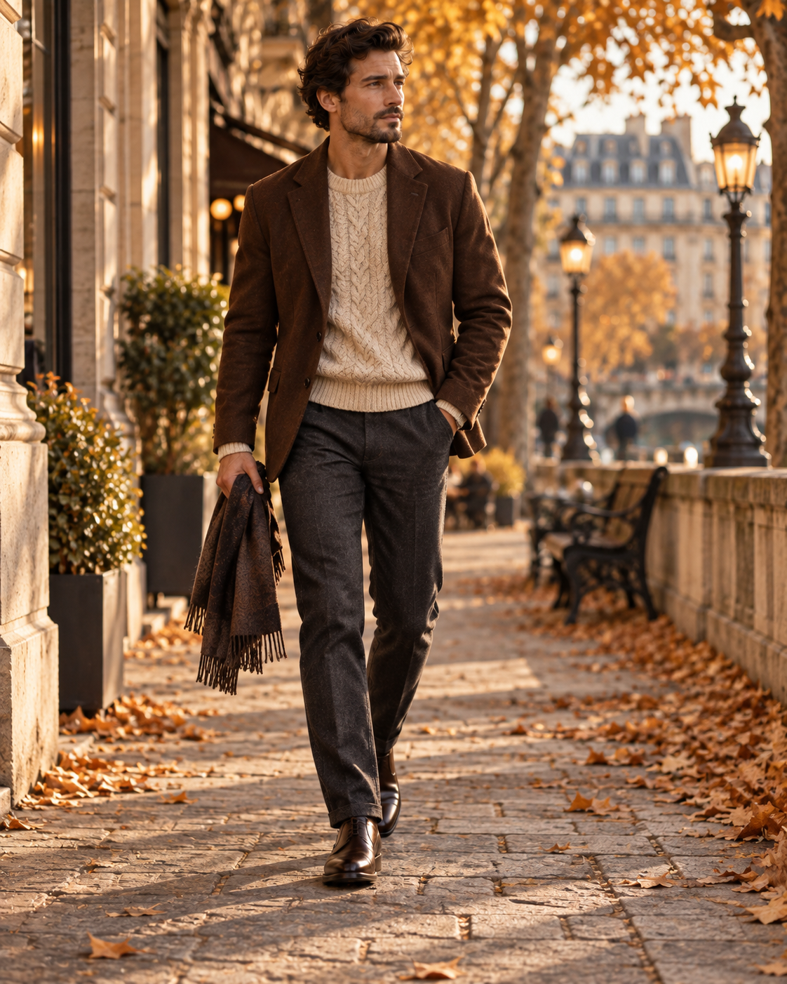 Look homme smart casual avec veste marron pull clair et pantalon