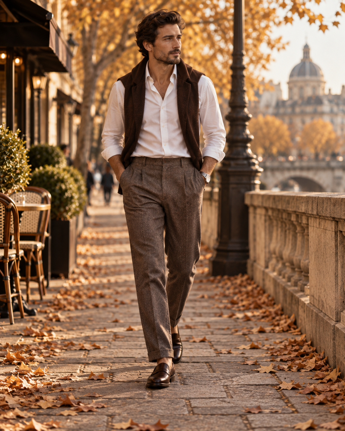 Look homme automne avec chemise blanche pantalon décontracté et mocassins marron