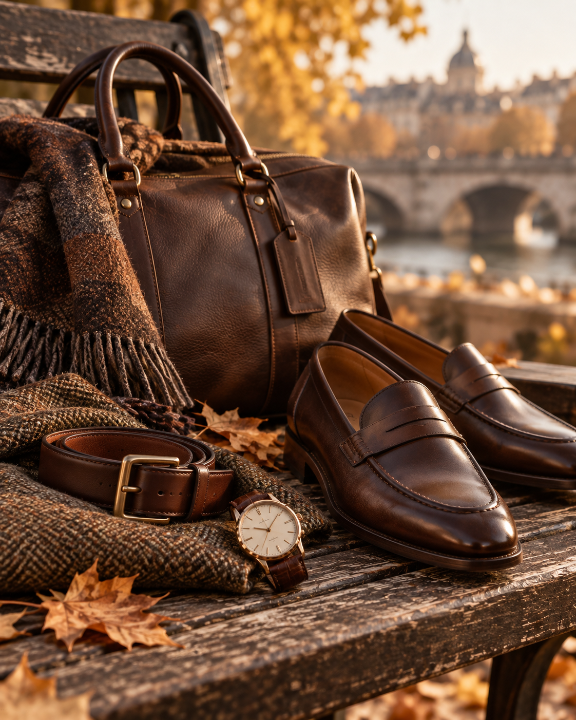 Accessoires homme automne avec sac en cuir ceinture montre écharpe et mocassins