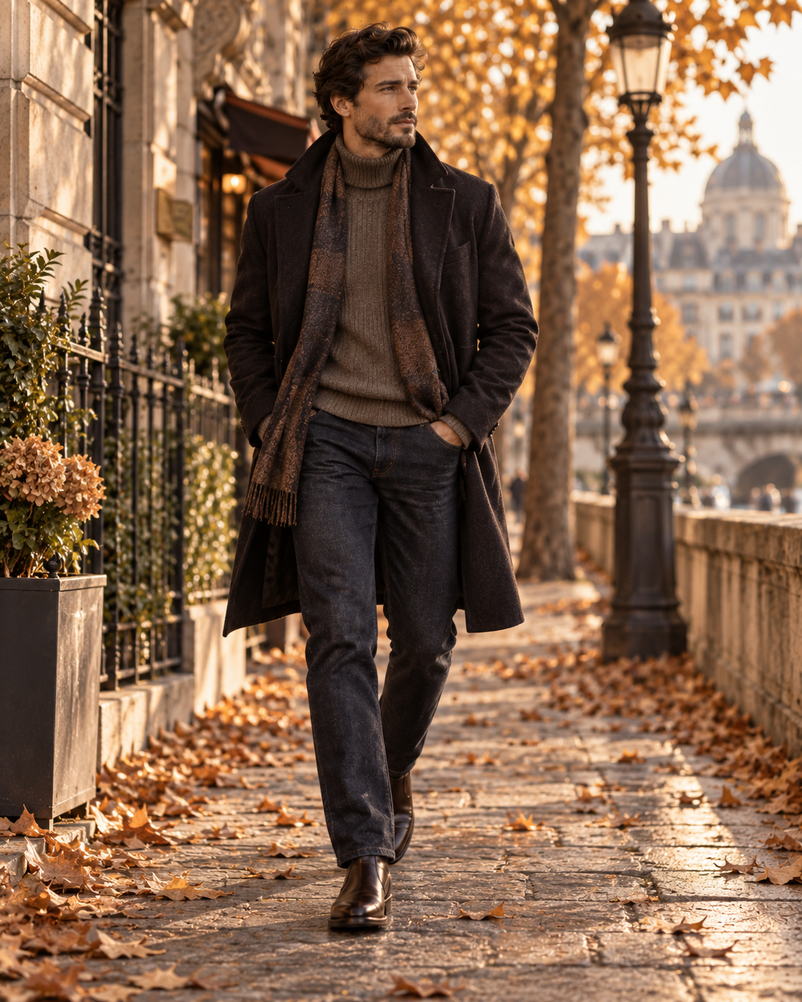 Look homme automne avec long manteau pull jean et Chelsea boots