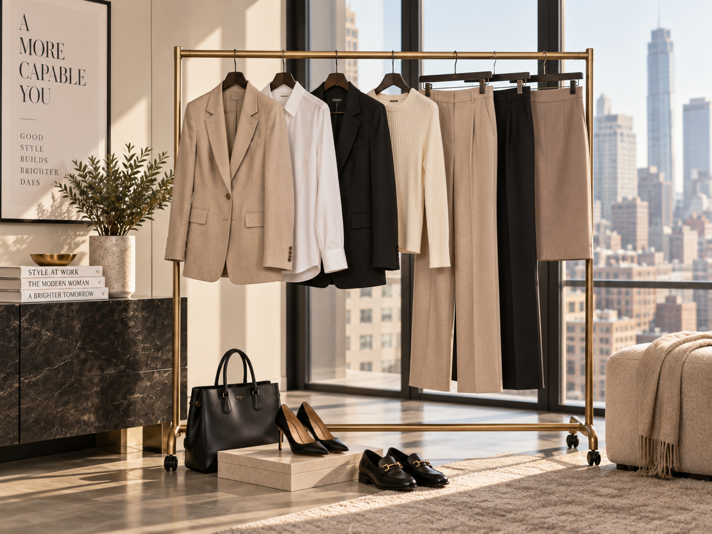 Garde-robe capsule femme pour le bureau avec vêtements et chaussures